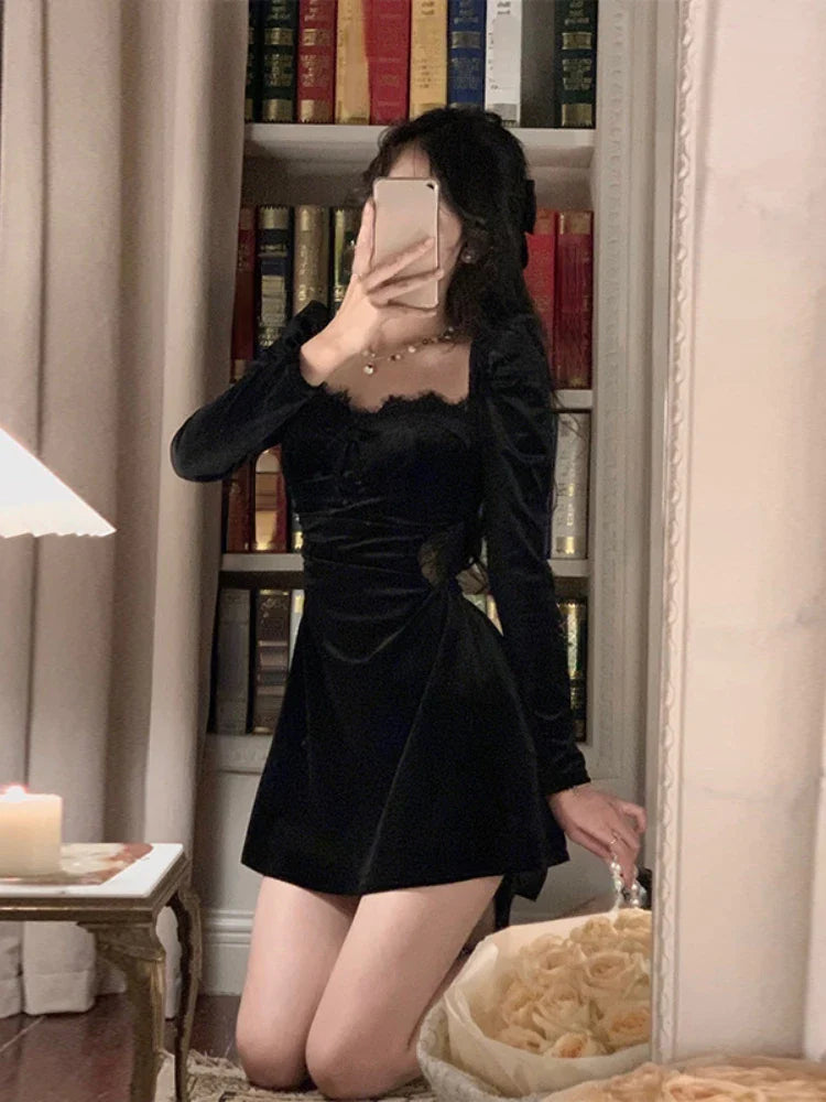 lovwvol  Autumn Slim Black Velvet Dress Casual Korean Fashion Elegant Midi Dress Woman Party Long Sleeve Vintage Lace Dress Design