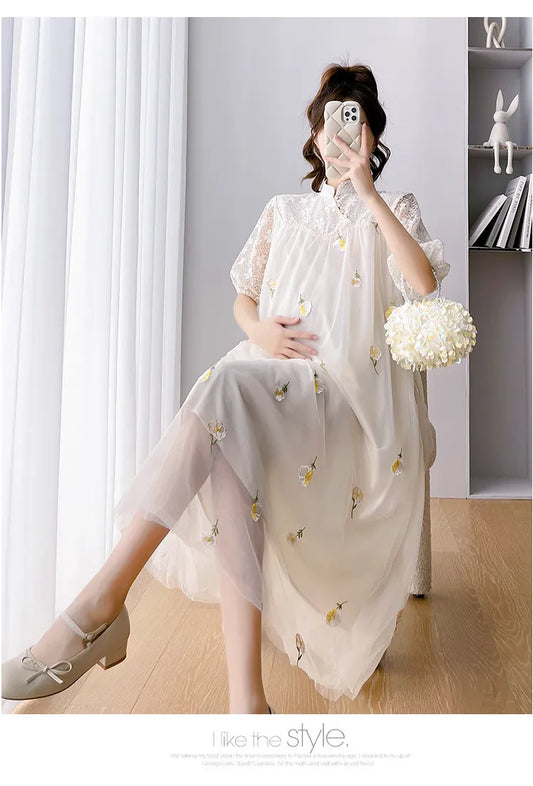 Summer Vintage Pregnant Woman Mesh Embroidery Dress Hollow Out Lace Puff Sleeve Turtleneck Maternity Party Dress Cheongsam