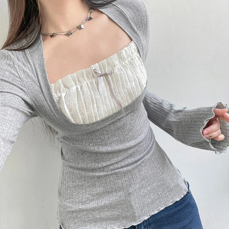 Cute Bow Stitched T-shirts Ladies Kawaii Folds Square Collar Full Sleeve Patchwork Fake Two-piece Crop Top Autumn Shirts