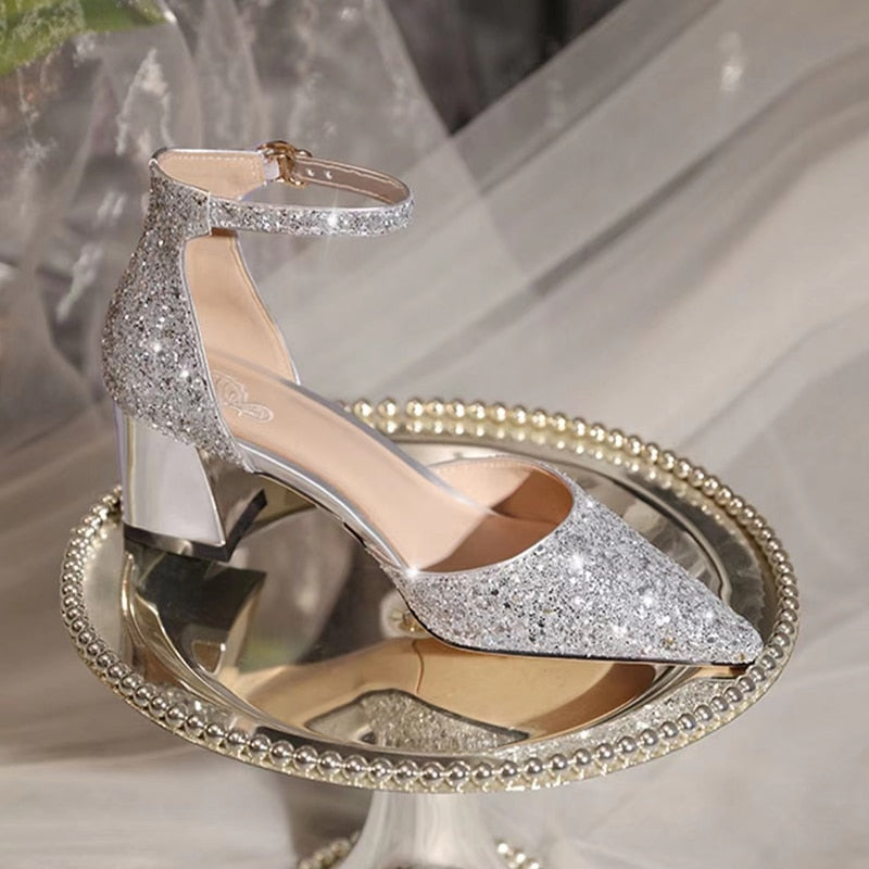 Luxury Gold Silver Sequins High Heels Pumps Women  Pointed Toe Ankle Straps Wedding Shoes Woman Thick Heeled Party Shoes