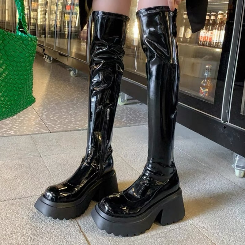 Patent Leather Chunky Platform Long Boots Women Autumn Punk Thick Heels Shoes Woman Zipper Black Motorcycle Botas De Mujer