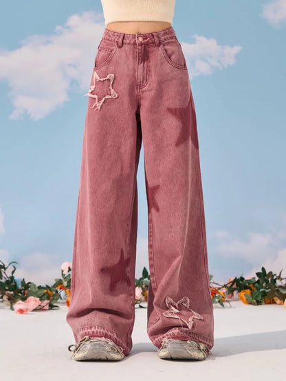 lovwvol Y2k Korean Vintage Women Fashion Streetwear Casual Red Star Baggy Hight Waist Pants Straight Jeans Wide Leg Trousers Alt Clothes