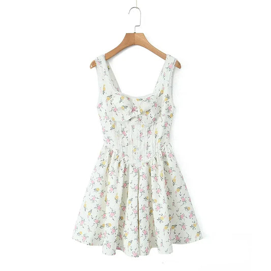 lovwvol   Summer 2024 Bow Floral Print Lace Trim Mini Dress Women Low Waist Pleated Hem  Party Tank Dresses Holiday Robe