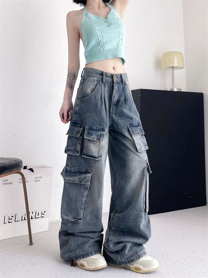 lovwvol Women's Multi Pocket Loose Unisex Jeans American Street Style Summer Trousers Young Girl Street Bottoms Female Denim Pants