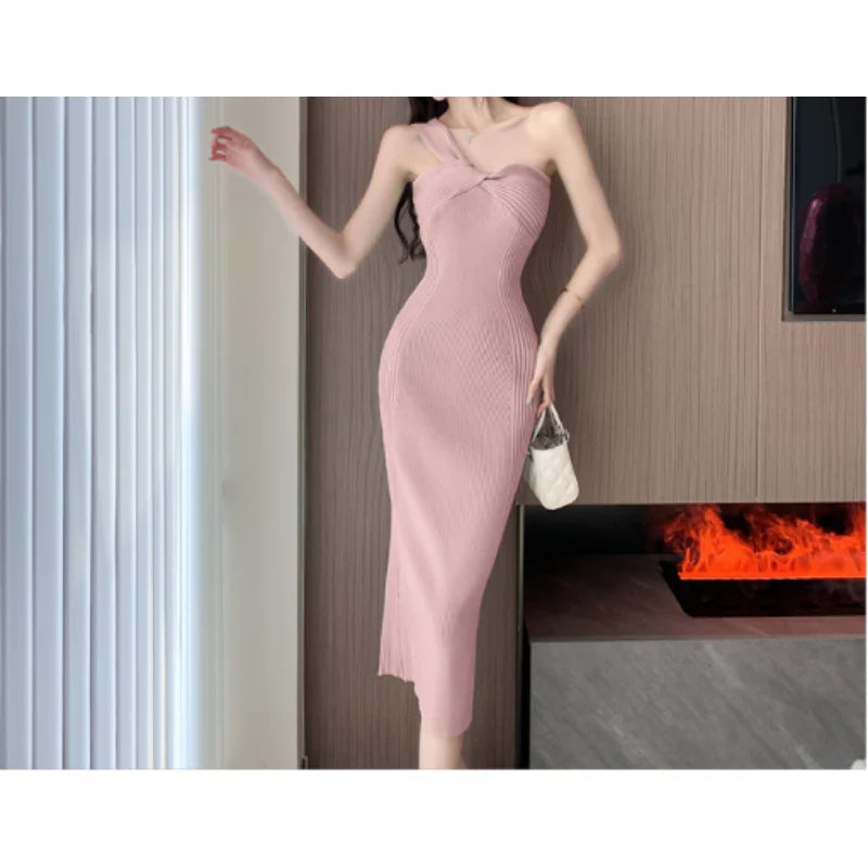 Chic One Shoulder Solid  Sleeveless Knit  Dress Slim High Waist Evening Party Diagonal Collar Dress Women Summer