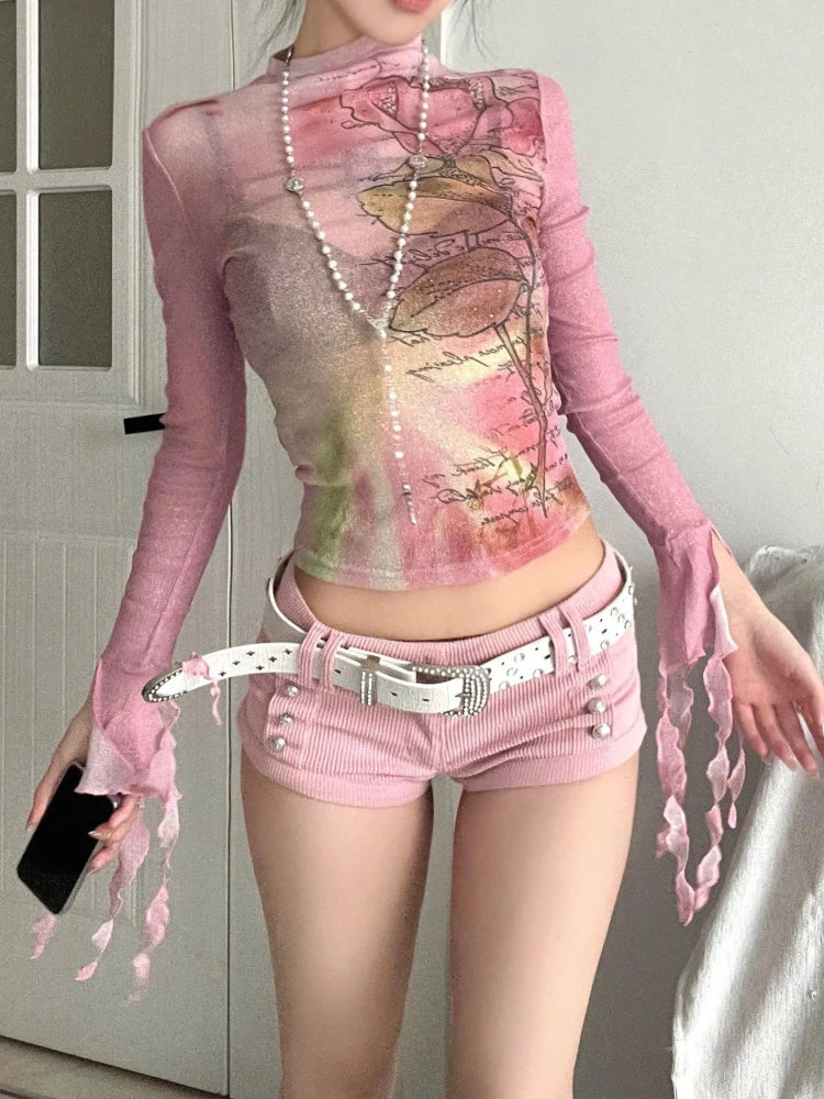 lovwvol  -  Japanese Y2k Mesh Tops 2000s Aesthetics Pink T-shirt Korean Fairycore Women Sexy Crop Long Sleeve Sheer Tops Harajuku Lolita 00s