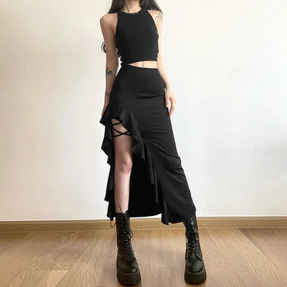 lovwvol Gothic Black High Waist Bodycon Mid Skirt E-Girl Punk Ruffles Split A-Line Skirts Y2K Fashion Women Streetwear Bottoms