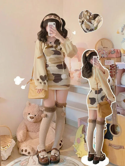 2 Pieces Set Women Crop Knit Cardigan + Sleeveless Print Bow Mini Dress Harajuku Robe Korean Fashion Y2k Outfits