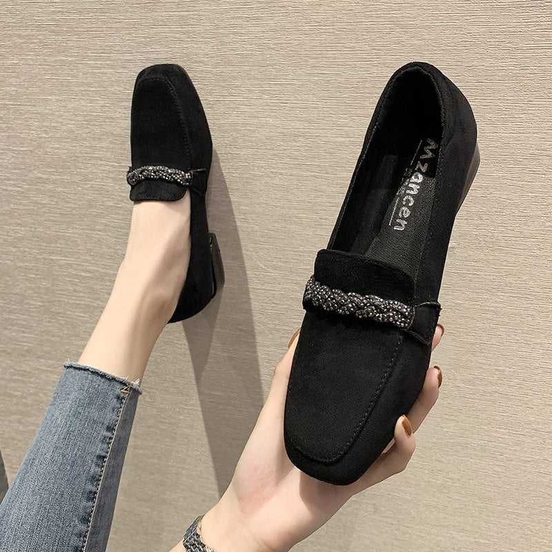 Autumn Winter Women Loafers Low Heels Boat Shoes Square Toe Dress Shoes Chain Faux Suede Plush Warm Ladies Shoes Plus Size