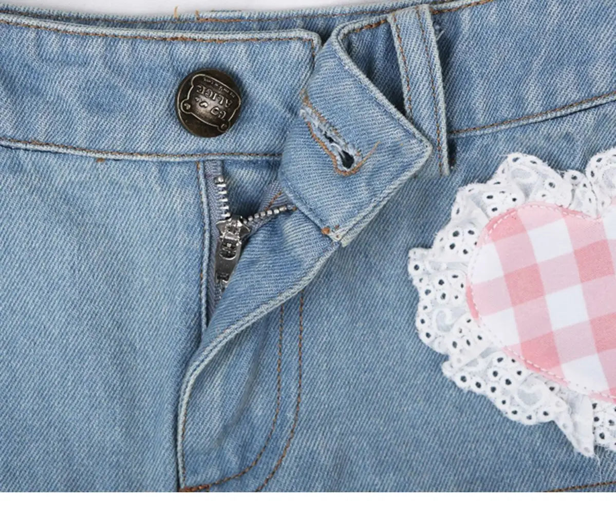 Kawaii Denim Skirt Women Japanese 2000s Style Y2k High Waist Bow Patchwork Cute Mini Jean Skirt Autumn Lolita Girl