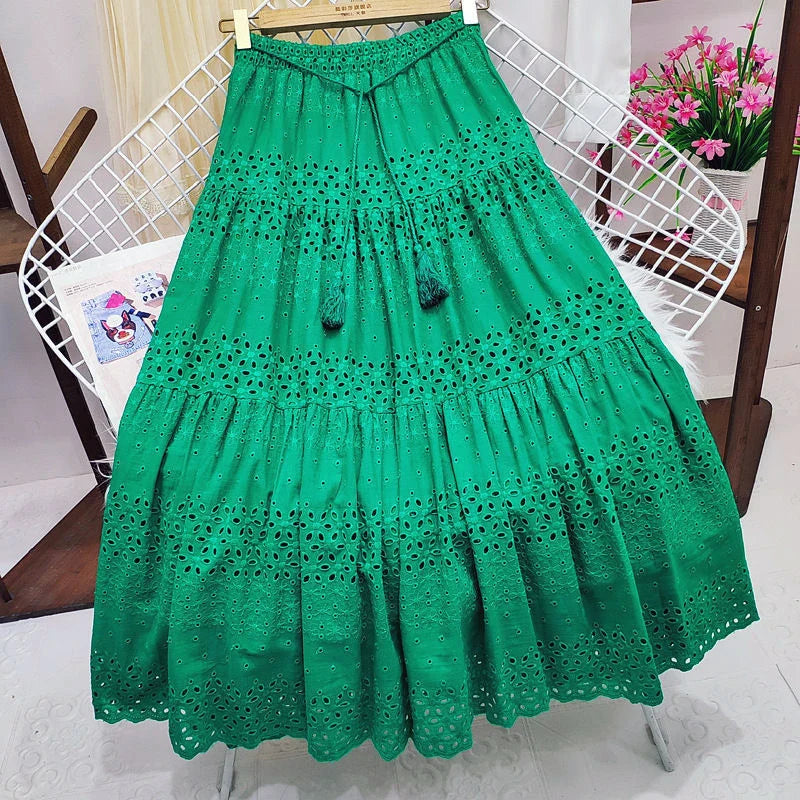 lovwvol Hollow Out Embroidery Cotton Lace Skirts for Women Vintage High Waist Ruffles Long Skirt Casual A-line Boho Falda Summer