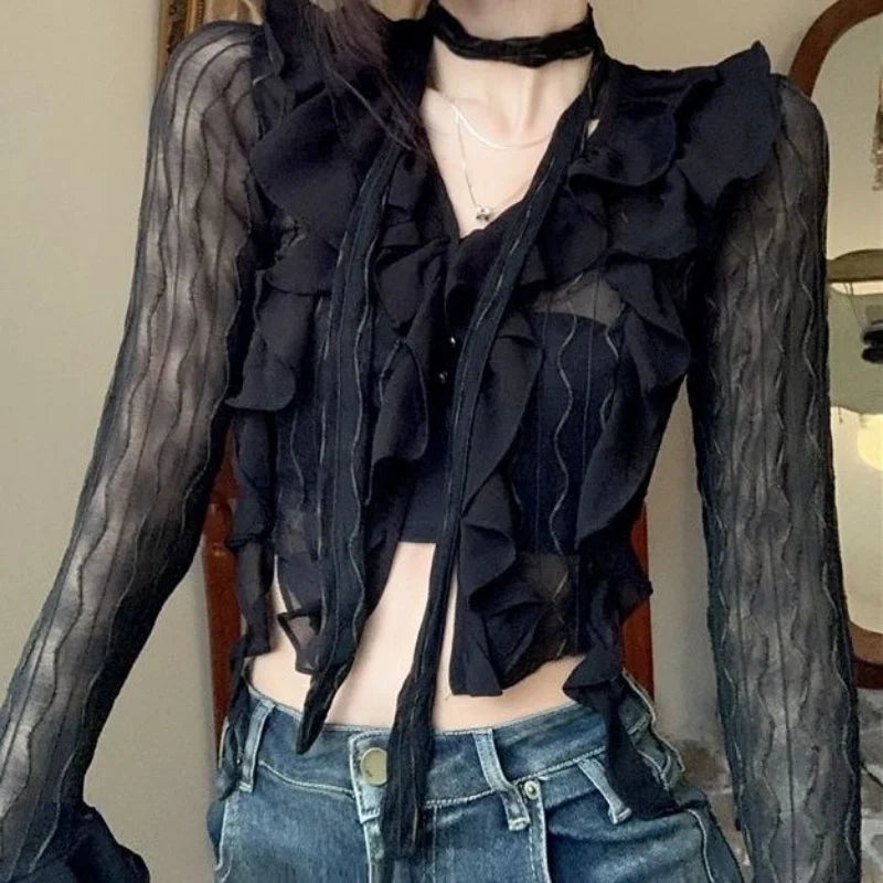 lovwvol Sexy Gothic Women Lace Blouses Grunge Y2k Crop Top Female Shirts Elegant Black Transparent Cardigan Korean Streetwear