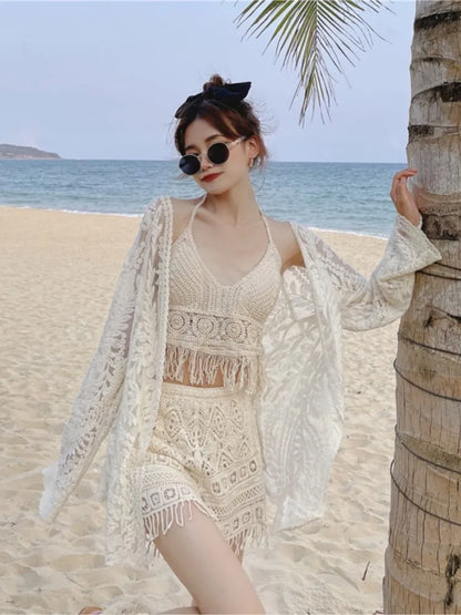 lovwvol Korean Beach Style Sexy 3 Piece Bikini Sets Summer Vacation Knited Lace Swimwear With Embroidery Cover up Women