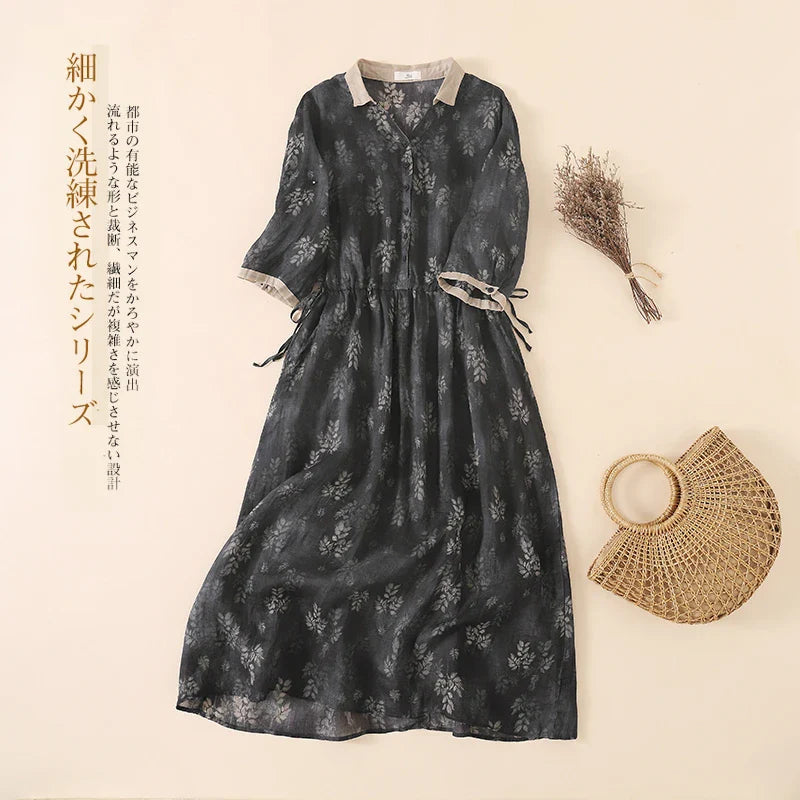 lovwvol Limiguyue Black Printed Dress Summer Thin V-Neck Drawstring Women Maxi Long Dress Vintage Bohemian Pleated Vestidos Lapel  J457