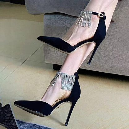 Shiny Crystal Tassels High Heels Pumps Women 2023 Autumn Sexy Black Ankle Straps Party Shoes Woman Pointed Toe Thin Heeled Pumps