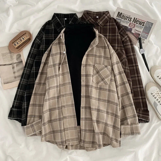 Women Shirt Plaid Oversize Turn-down Collar Leisure Fashion Loose All-match Womens Long Sleeves Soft Chic Korean Style Tops polo