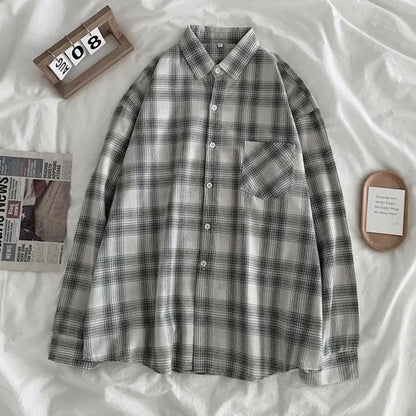 Women Shirt Plaid Oversize Turn-down Collar Leisure Fashion Loose All-match Womens Long Sleeves Soft Chic Korean Style Tops polo