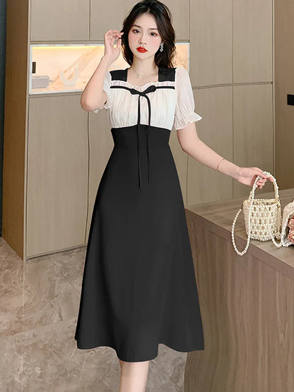 lovwvol  2024 Black Patchwork Puff Sleeve Bow Ruffled Collar Midi Dress Women Korean Vintage Hepburn Robe Summer Elegant and Pretty Dress