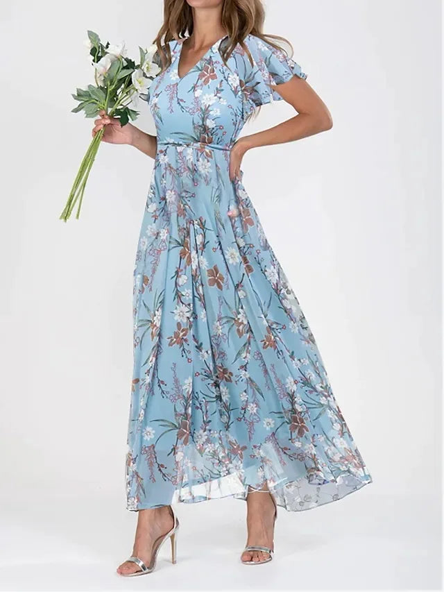 lovwvol Female Vintage Floral Printing Chic Dress Women Summer Elegant V Neck Maxi Party Dresses Casual Chiffon Beach Long Dress Vestido