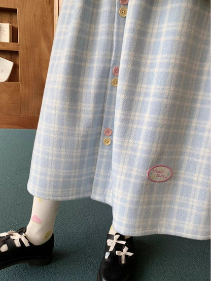 Kawaii Plaid Skirt Women Winter Elastic Waist A-line Button Patchwork Cute Blue Woolen Long Skirt Harajuku Fashion