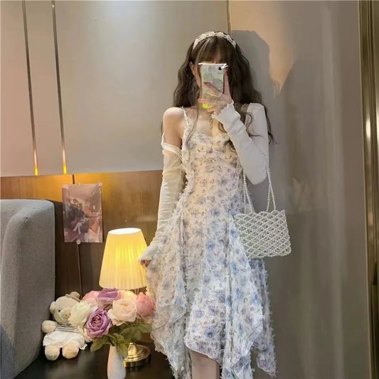 lovwvol Summer 2024 French 2 Piece Dress Sets Women Elegant Casual Cardigan + Sexy Y2k Floral Midi Dress Korean Beach Even Party Chic