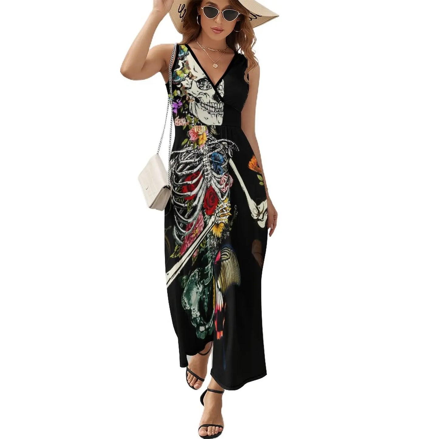 lovwvol Spooky Skeleton Dress Human Head Skulls Vintage Maxi Dress V Neck Design Bohemia Long Dresses Street Style Oversized Vestidos