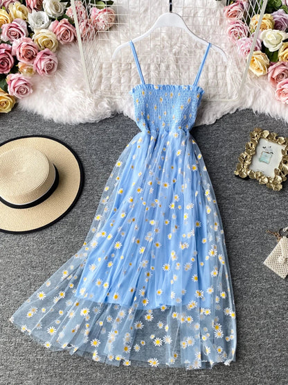 lovwvol   Summer Beach Mesh Floral Dress Women Vintage Elegant Sexy Beach Sundress Woman Party Night Korean Kawaii Vestidos