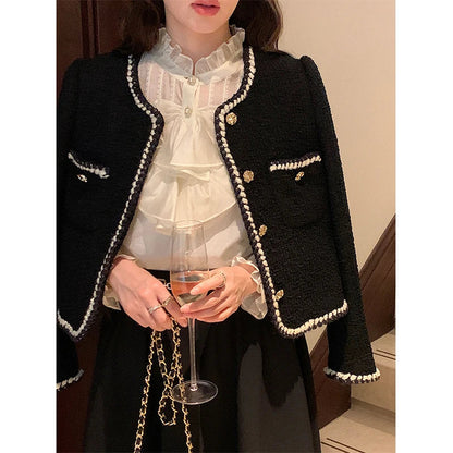 Vintage Jackets Women Black Tweed Cropped Coat Korean Elegant Thicken Single Breasted Blazer Casual Short Outerwear Tops