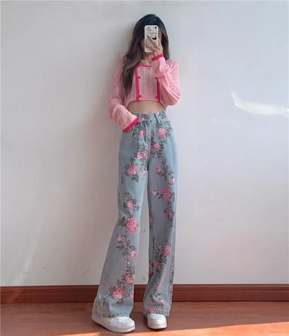 lovwvol Baggy Jeans Korean Fashion High Waist Slim Vintage Print Loose Straight Women's Pants Y2k Elegant Wide Leg Vaqueros