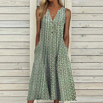 lovwvol Summer Dress Women V Neck Sleeveless Pocket Button Loose Maxi Dresses Vintage Print Party Dress 2024 A-Line Beach Dress