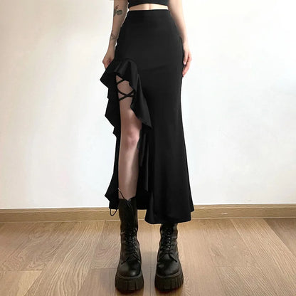 lovwvol Gothic Black High Waist Bodycon Mid Skirt E-Girl Punk Ruffles Split A-Line Skirts Y2K Fashion Women Streetwear Bottoms