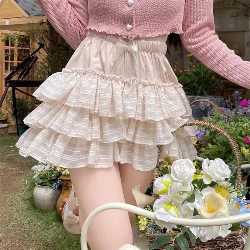 Kawaii Ruffle Skirt Women Coquette Cute Lolita High Waist A-line Bow Lace Fairycore Mesh Mini Skirt Summer Mori Girl