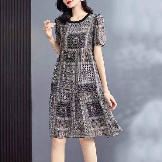 lovwvol Fashion Round Neck Female Clothing Geometric Printing Summer 100% Mulberry Silk Vintage Patchwork Slim Midi A-line Dress