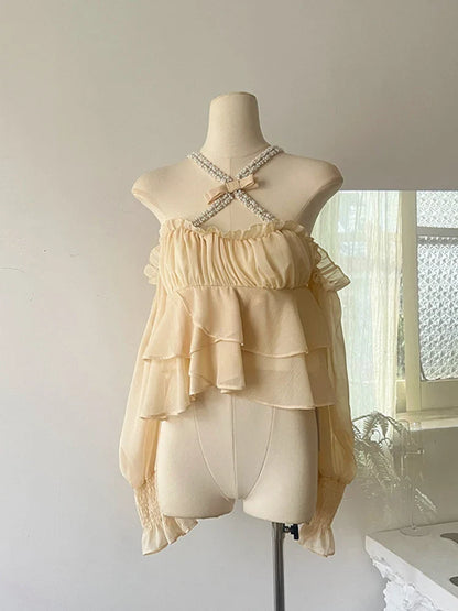 Fashion Yellow Casual Shirts Slash Neck Suspender Beach Blouses Butterfly Sleeve Bow Sweet Gyaru Summer Y2k Coquette New Trend