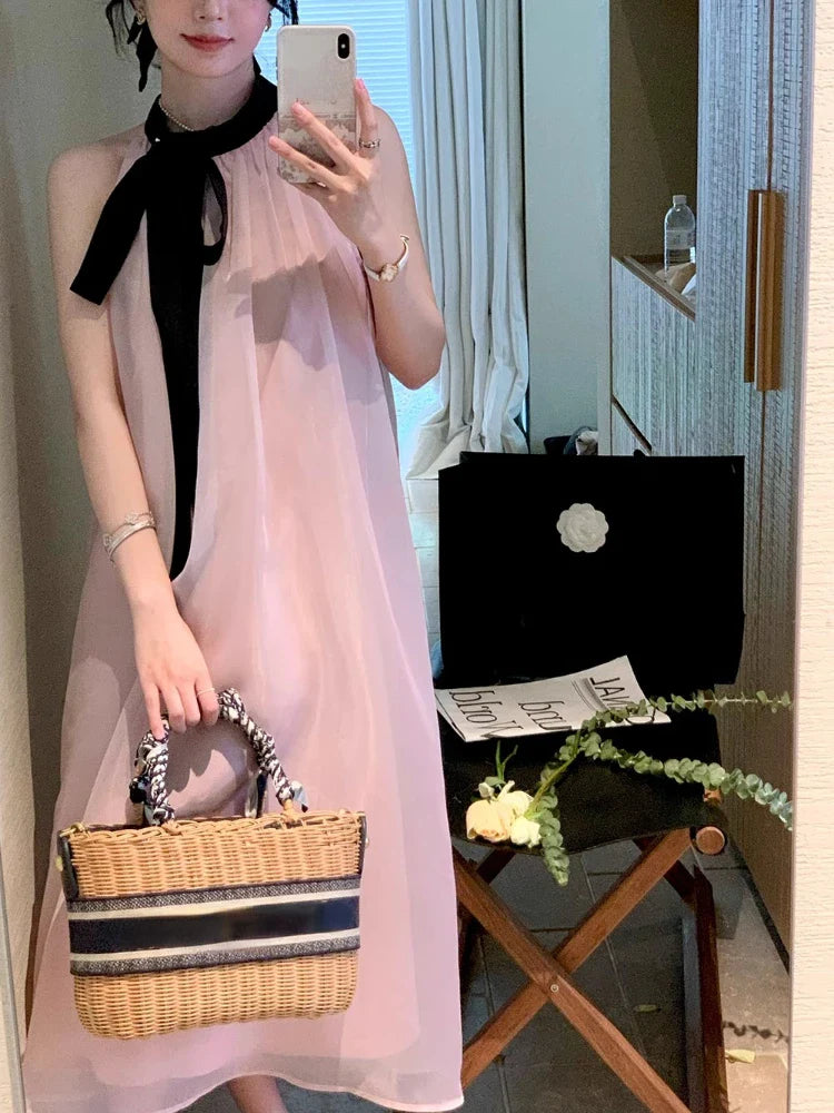 lovwvol French Pink Sleeveless Bow Neck Sleeveless Strap Dress for Women Even Party Korean Y2k Mini Dress Office Lady Summer Elegant