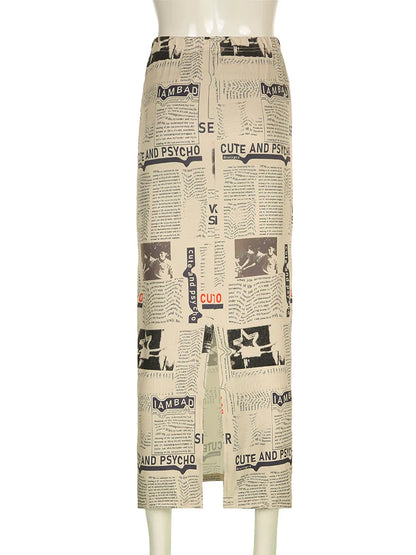 Vintage Newspaper Letter Print High Waist Long Skirt Women Distressed Harajuku Slim Pencil Skirts Aesthetic Y2K Chic