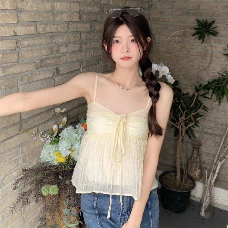 lovwvol Sweet Camis Tops Women Korean Fashion Kawaii Off Shoulder All Match Tanks Bowknot Lace Up Elegant Sleeveless T Shirt New