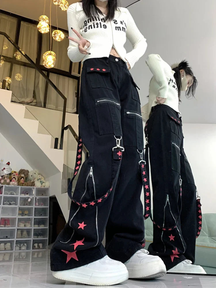 lovwvol Women's Black Gothic Baggy Cargo Jeans with Star Harajuku Y2k 90s Aesthetic Denim Trousers Emo 2000s Jean Pants Vintage Clothes