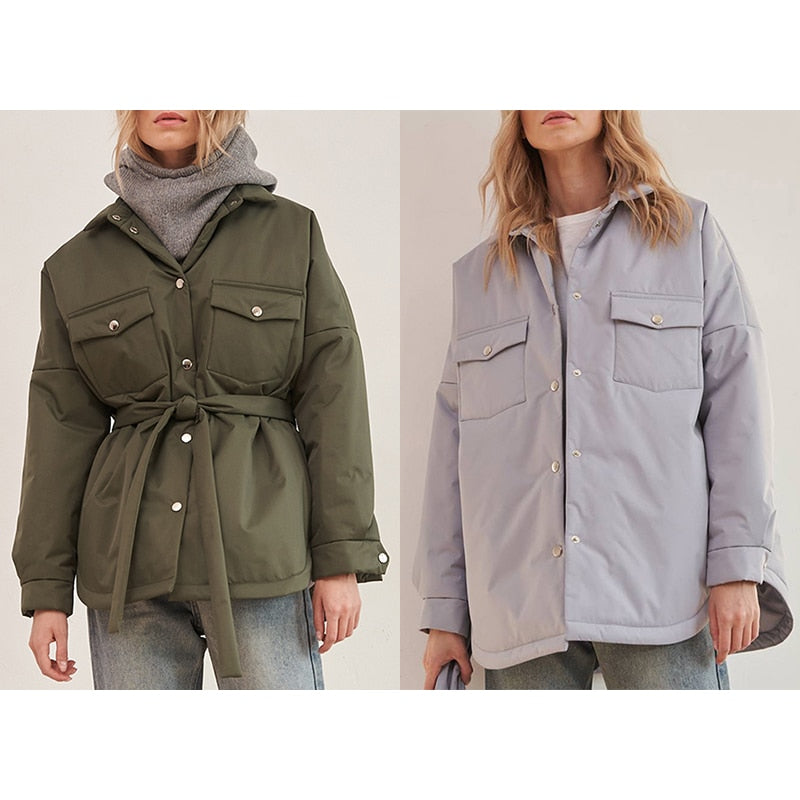 RR Spring Turn Down Collar Parkas Women Fashion Tie Belt Coats Women Elegant Solid Front Pockets Cotton Jackets Female Ladies