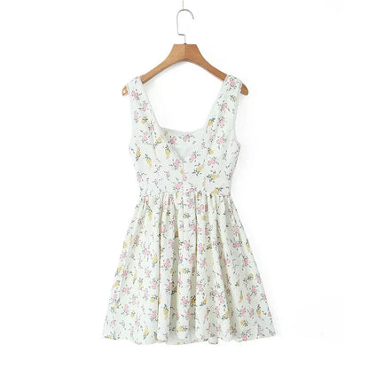 lovwvol   Summer 2024 Bow Floral Print Lace Trim Mini Dress Women Low Waist Pleated Hem  Party Tank Dresses Holiday Robe