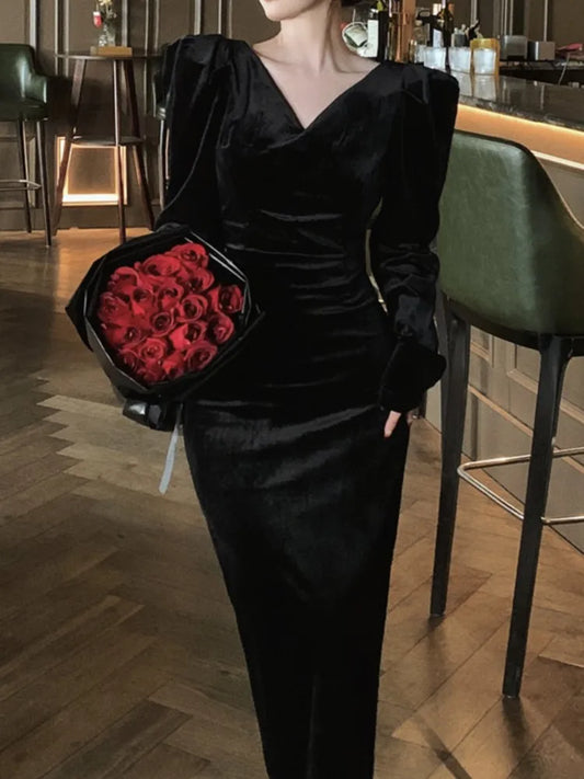 lovwvol Vintage Black Velvet Midi Dresses for Women 2023 Autumn New Elegant Evening Party Birthday Slim Long Sleeve Female Clothing Robe