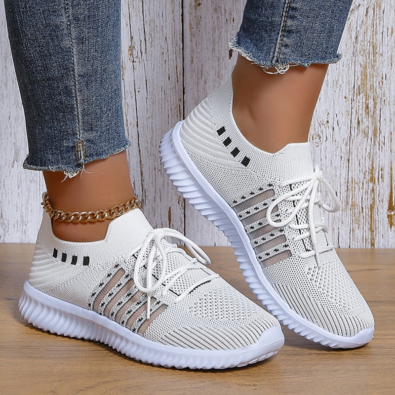 Breathable Mesh Knitted Casual Shoes Women 2023 Autumn Flat Heels White Sneakers Woman Plus Size 43 Anti Slip Vulcanized Shoes