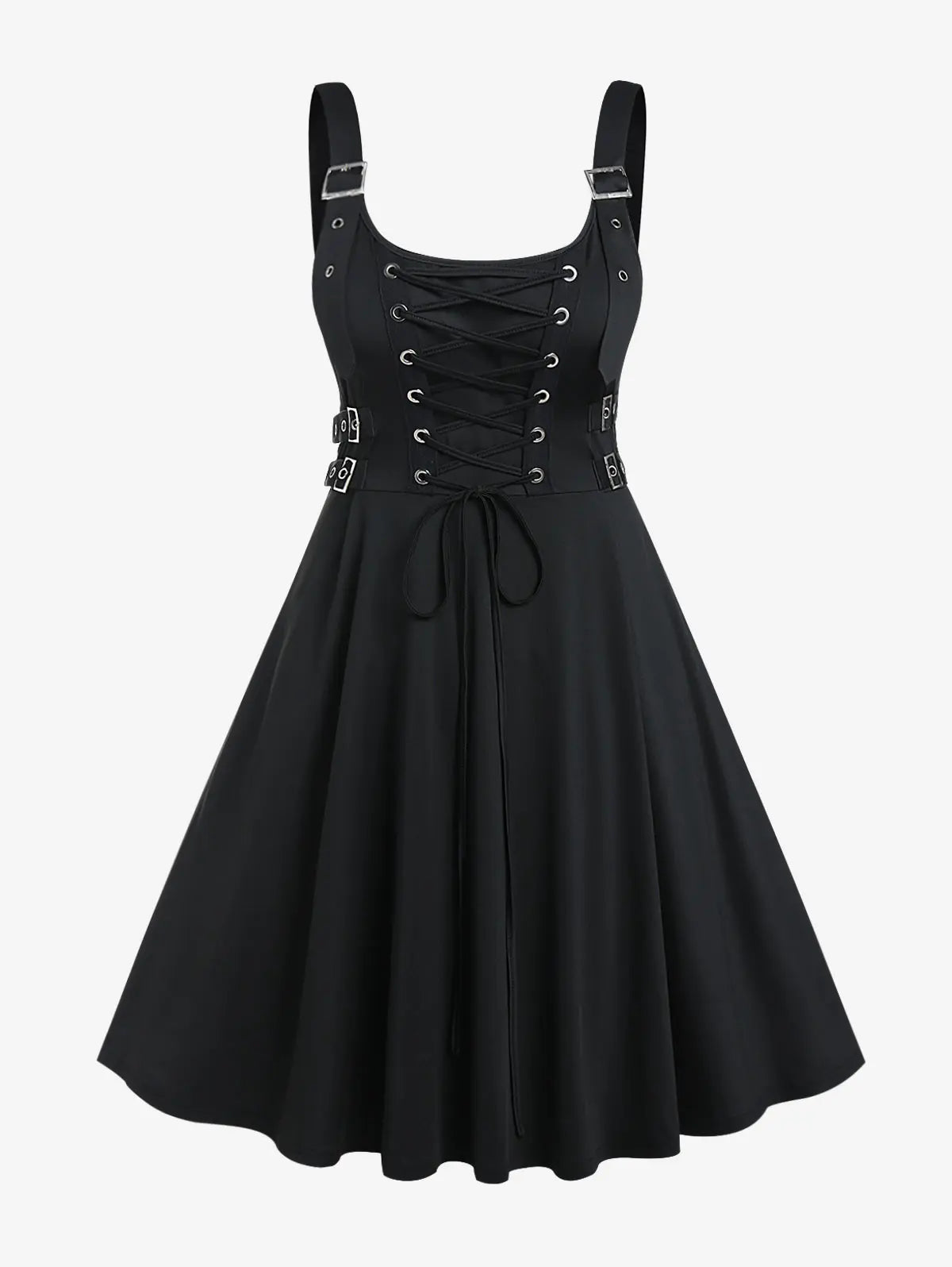 Plus Size Gothic Buckled Lace Up Midi Dress High Waist Sweetheart Neck Asymmetrical Half Zip Sleeveless Party Punk Dress