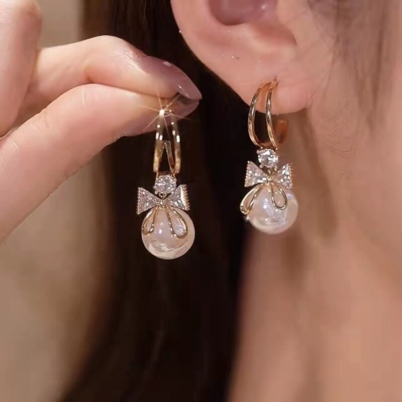 New Metal Heart-Shaped Pearl Earrings For Women Korean Fashion Back Hanging Earring Girls Shiny Zircon Exquisite Jewelry