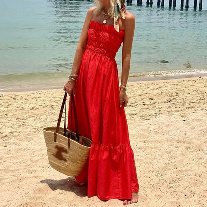 lovwvol Women Sexy Pleated Elastic Strapless Long Dress Vintage Summer Solid Slim A-Line Beach Dress Fashion Holiday Maxi Party Dresses