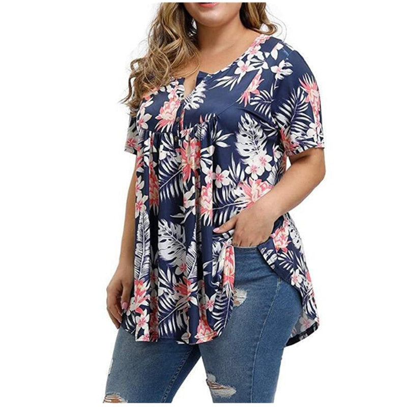 5XL Casual Summer T Shirt Women Boho V-Neck Print Floral Tshirt Plus Size Short Sleeve Leopard Tops Oversize Button Tee Top