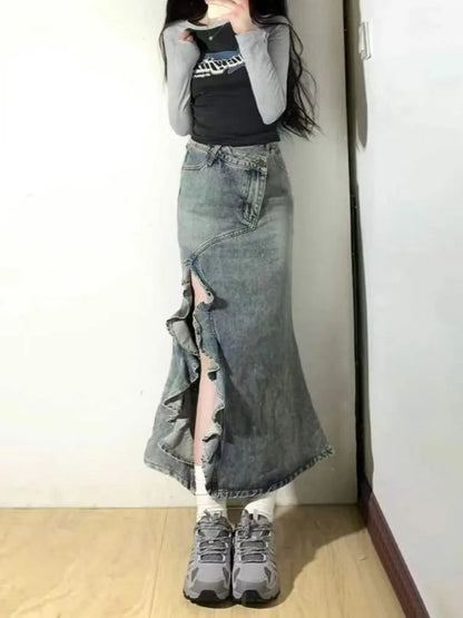 lovwvol Women's Mermaid  Skirt Clothes Blue Skirt Harajuku Korean Girl Casual Chic Fashion Vintage A-Line Denim Skirt Split Hem Coquette