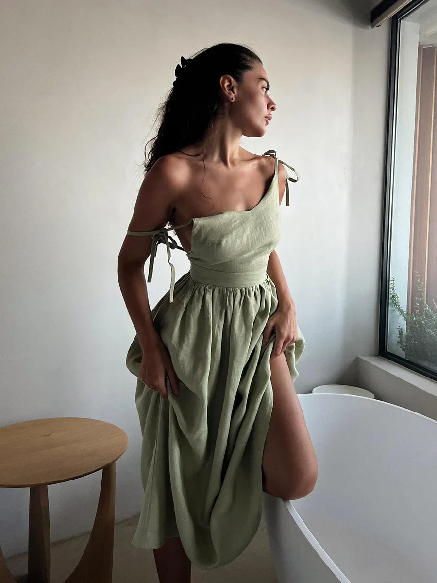 lovwvol   Spring Summer Beach Style Women Dress Vintage Loose A-line Sling Dress Sexy Hot Girl 100% Cotton V-neck Dress