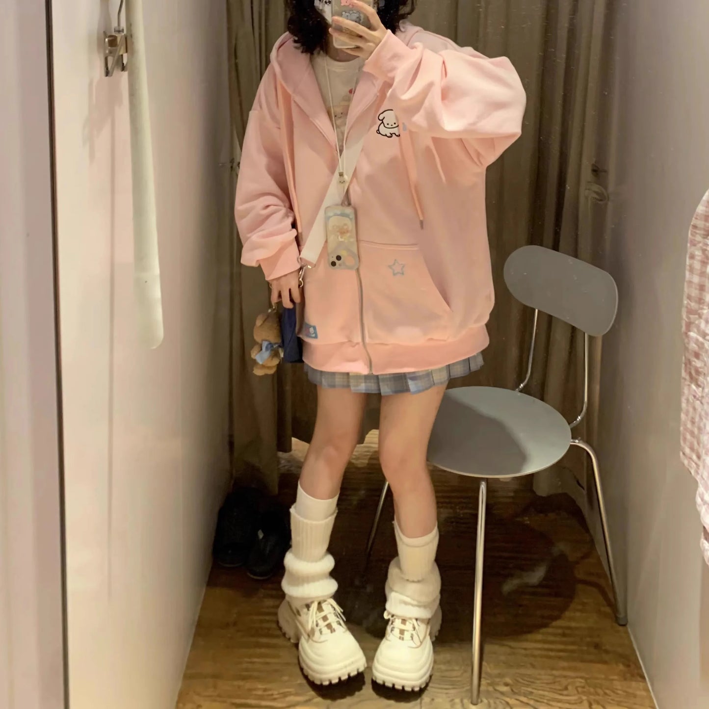 lovwvol  Harajuku Kawaii Pink Zip Up Hoodie Women Japanese Y2K Sweet Cute Beige Fleece Sweatshirts Korean Style Girly Hooded Jacket