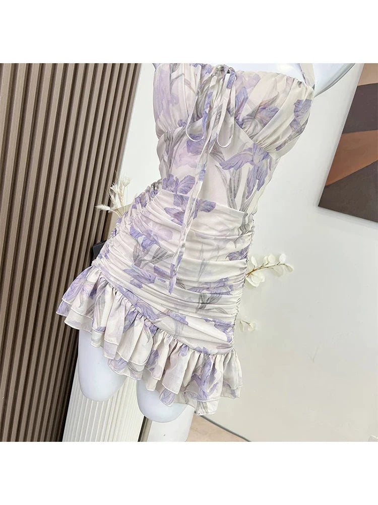 Purple Floral Dress for Women Summer New Neck-mounted Suspender Frocks A-line Sleeveless High Waist Ruffle One-Piece Streetwear